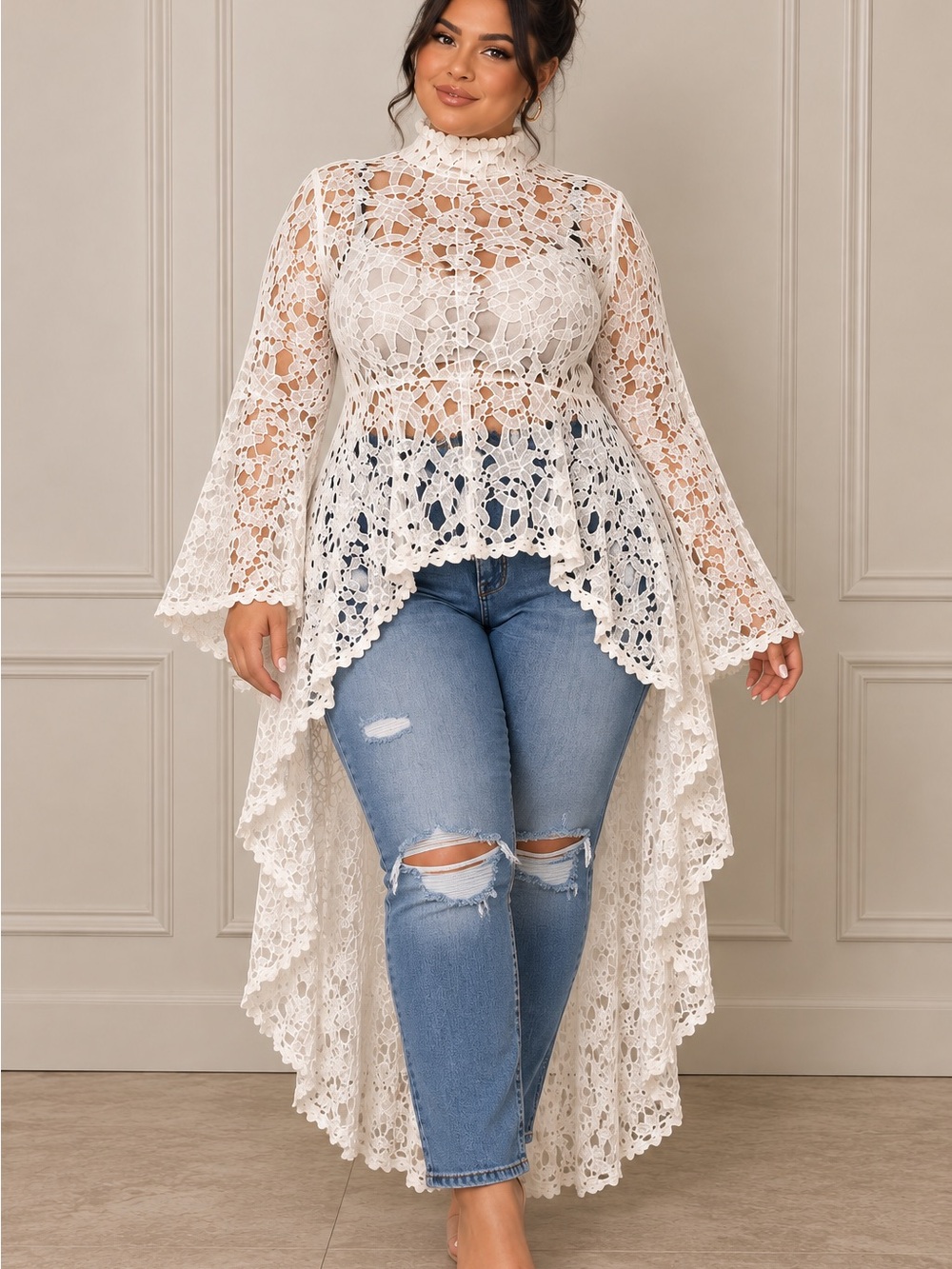 Boutique White Floral Lace High-Low Tunic Size 1X | Dramatic Bell Sleeve Top